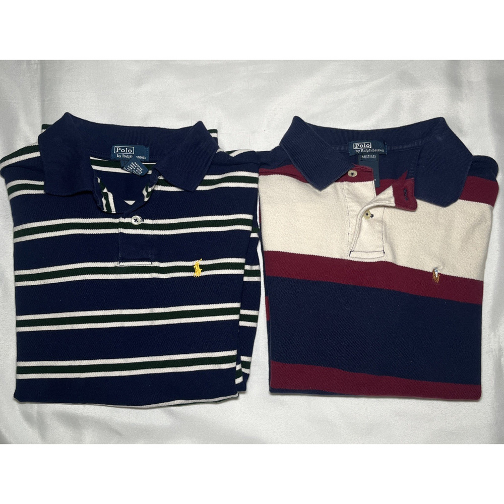 LOT OF 2 Polo Ralph Lauren Size M Boys Striped Rugby Shirts Pony Logo Blue White